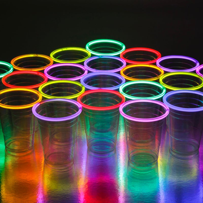 GloPRO Glo Pro Glow Party Cups 20 Pack 16oz Light Up Neon Cups with Glow Sticks, Glow in the Dark Blacklight Party Supplies for Birthdays, Weddings, Bars & Raves - Image 1